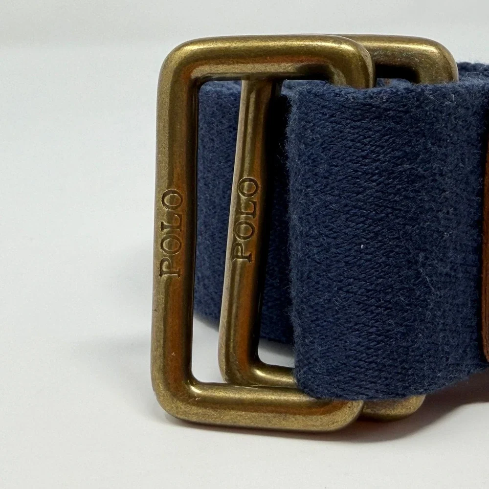 Polo Ralph Lauren Mens Navy Blue Canvas Web Belt Double D-Ring Brass Buckle 42in